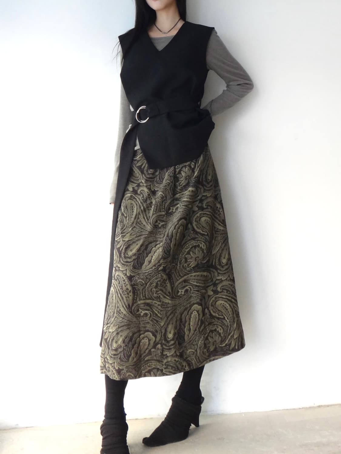 Nature pattern flare long skirt / khaki 상품이미지6