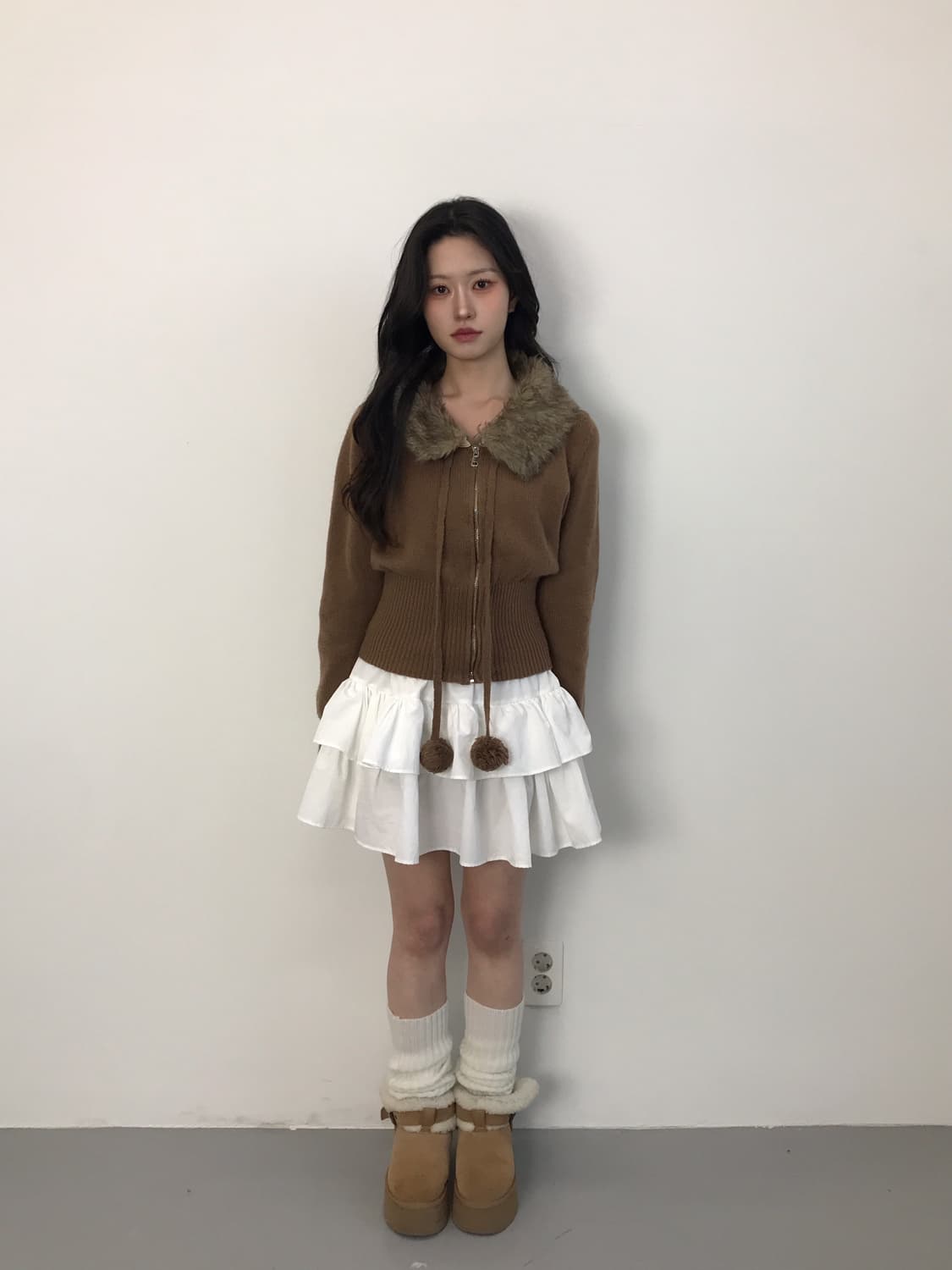 Vintage Fur Collar pom Zip up Cardigan 상품이미지1