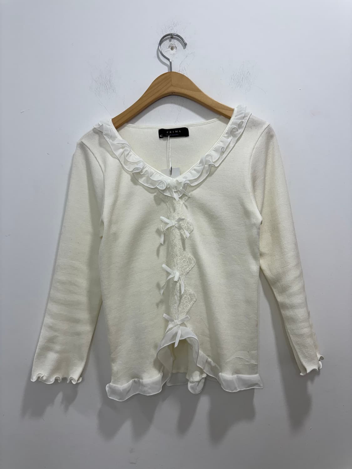 Prima 셔링 리본 레이스 티셔츠 상품이미지4