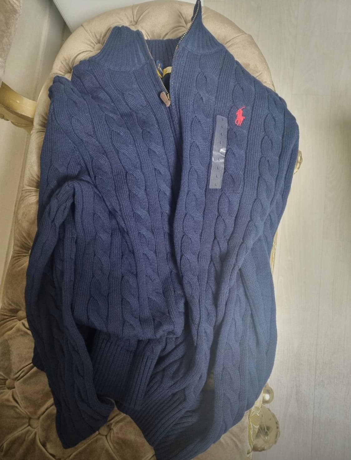 (정품+새상품)폴로 랄프로렌 케이블 니트 네이비 L 상품이미지4