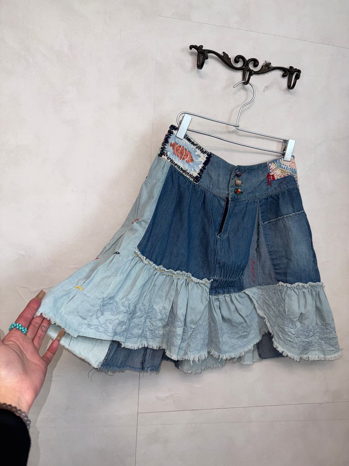 Denim ethnic patchwork flare midi skirt 상품이미지3