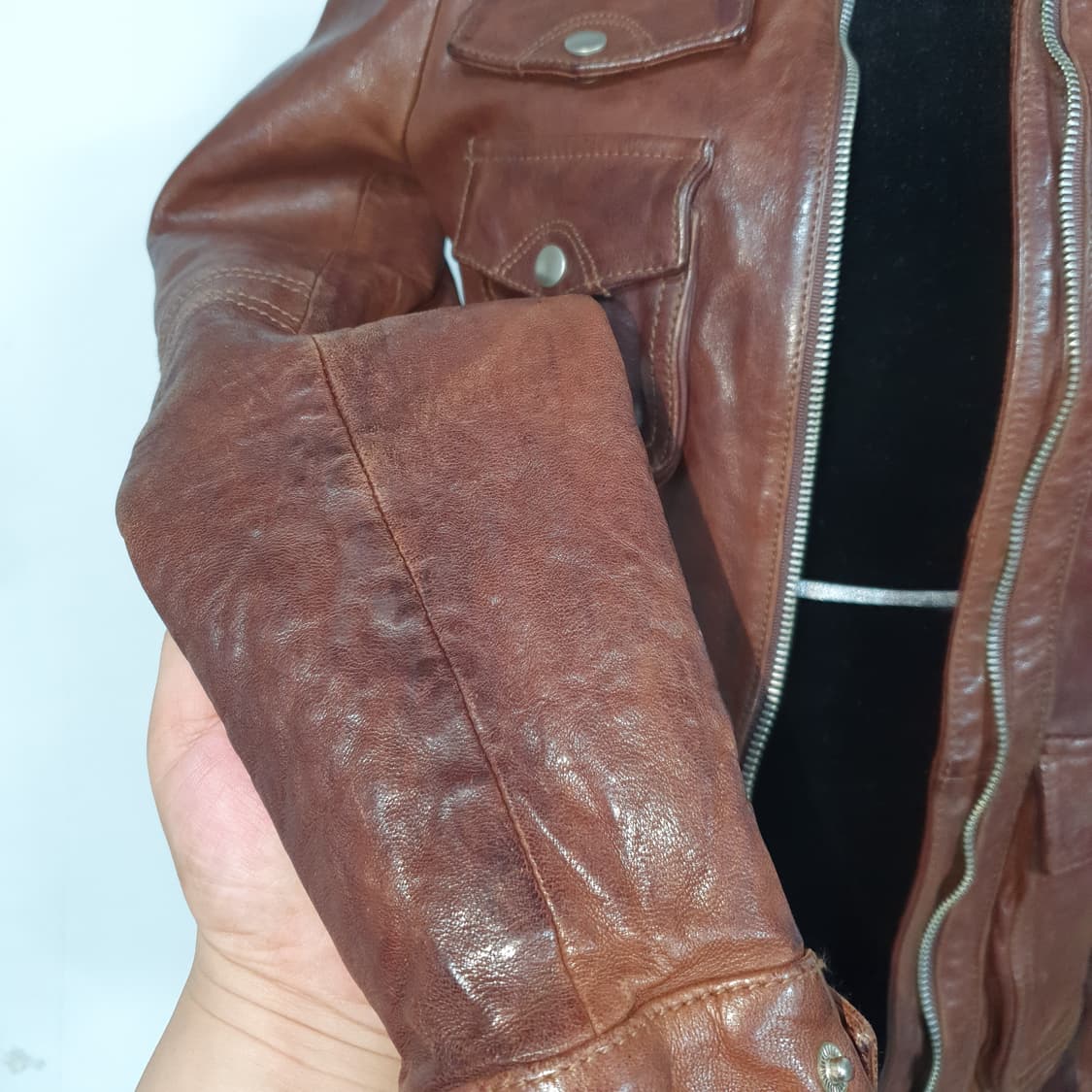 빈티지 그런지 양가죽 램스킨 딥브라운 하이넥 라이더 자켓 갸루 펑크 상품이미지4