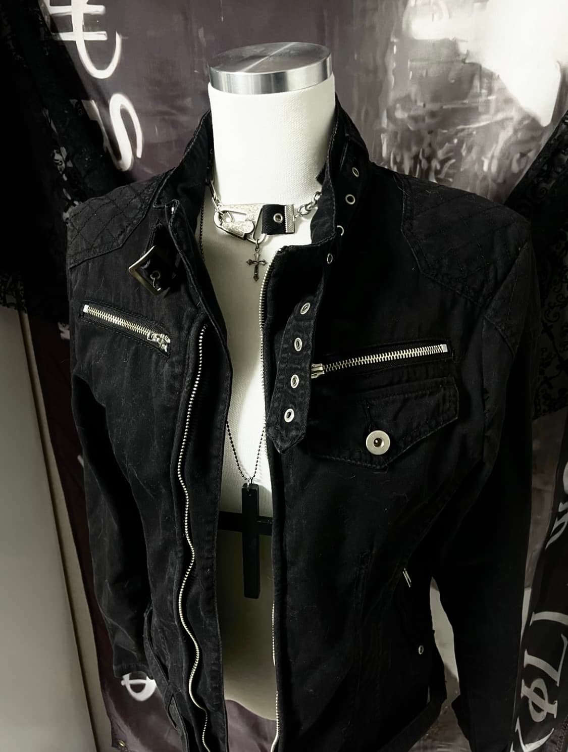 Vkei 00s 벨티드넥 지퍼 라이더 야상코튼자켓 다크웨어emo버커루맛 상품이미지4