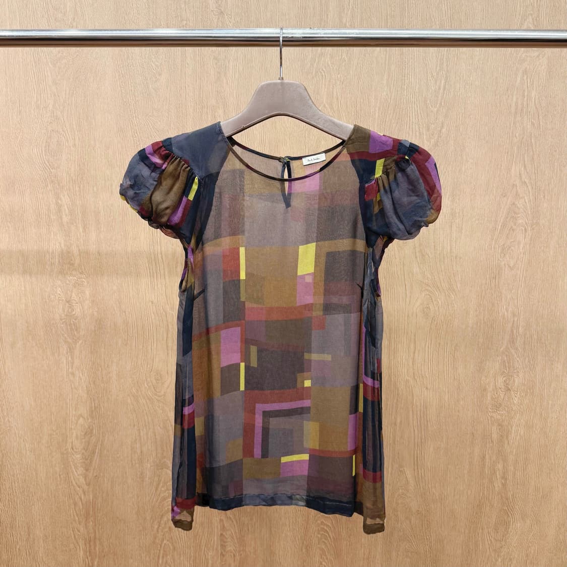 폴스미스 멀티 체크 시스루 퍼프소매 반팔 블라우스 티셔츠 상품이미지2