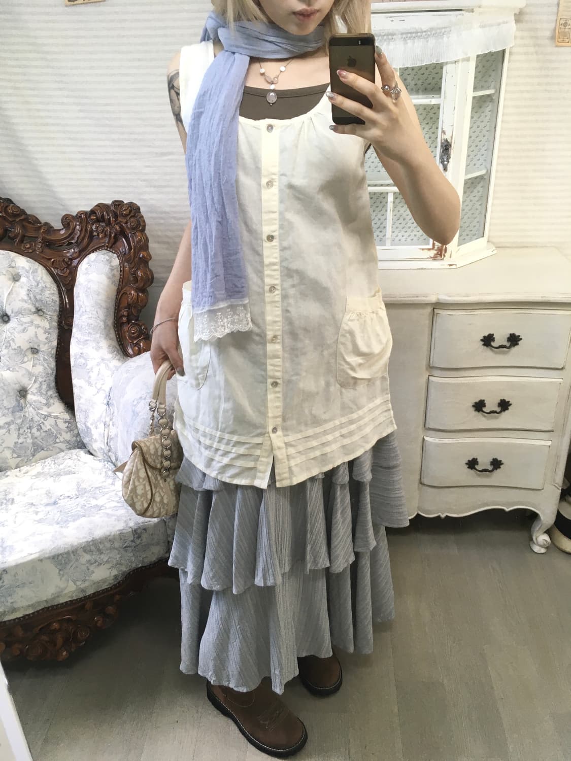 일본빈티지 아이보리 모리 만두 포켓 원피스 상품이미지2
