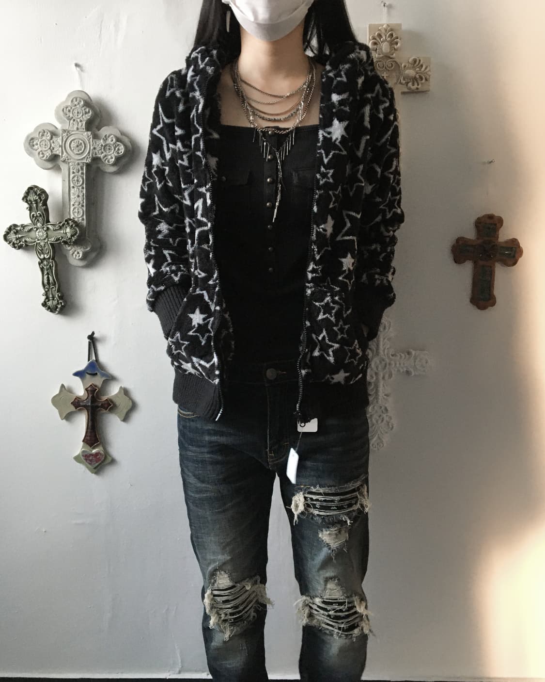 Star pattern fleece hood zip up 상품이미지6