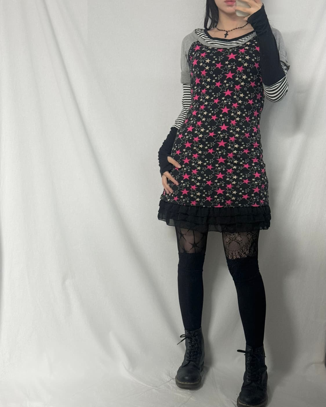 스타 패턴 래글런 후디드 원피스 상품이미지4