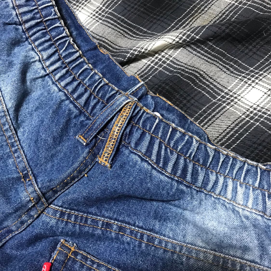 90s 재팬 슈퍼 와이드 더블니 워싱 디스트레드 중청 셀비지 데님 상품이미지5