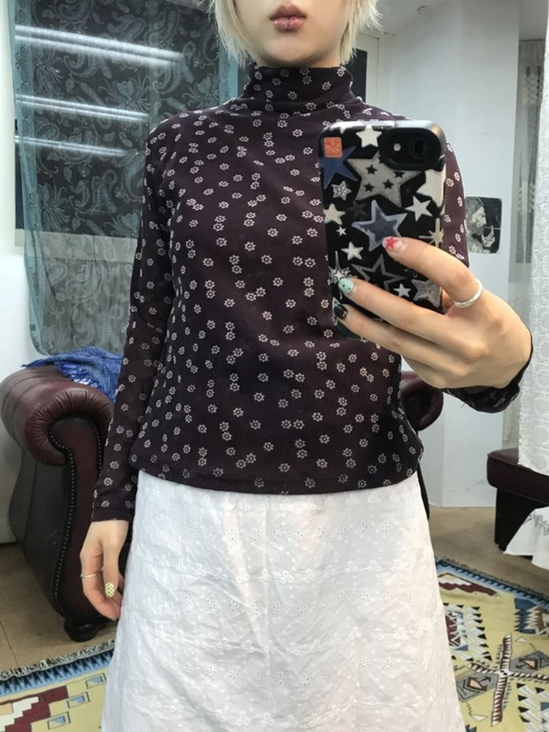 제페니즈 빈티지 플라워패턴 퍼플 반폴라 롱슬리브 상품이미지1