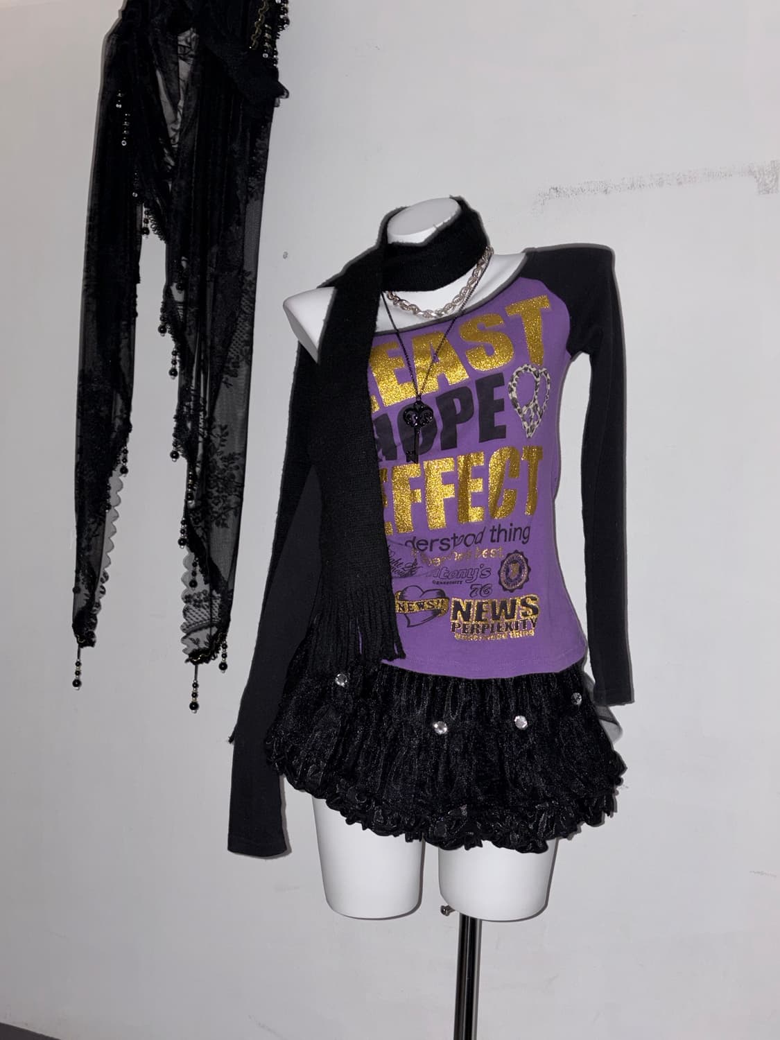 00s 퍼플 갸루 오네갸루 헤이세이 골드 호피 레오파드 롱슬리브 상품이미지3