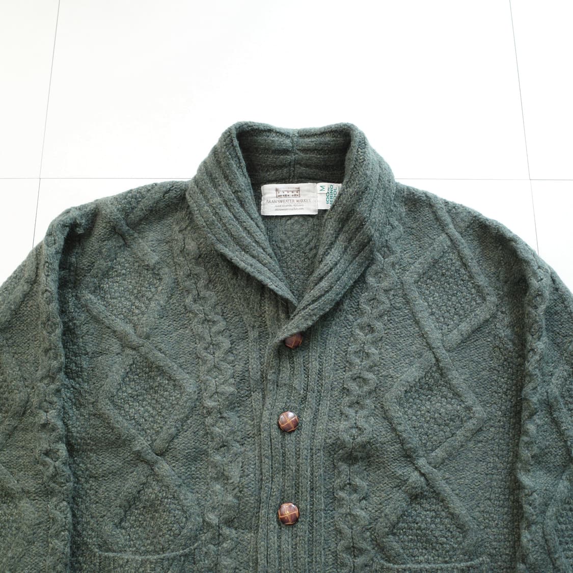 아란 스웨터 마켓 메리노 울 숄 가디건 M 딥그린 아일랜드 생산  상품이미지3