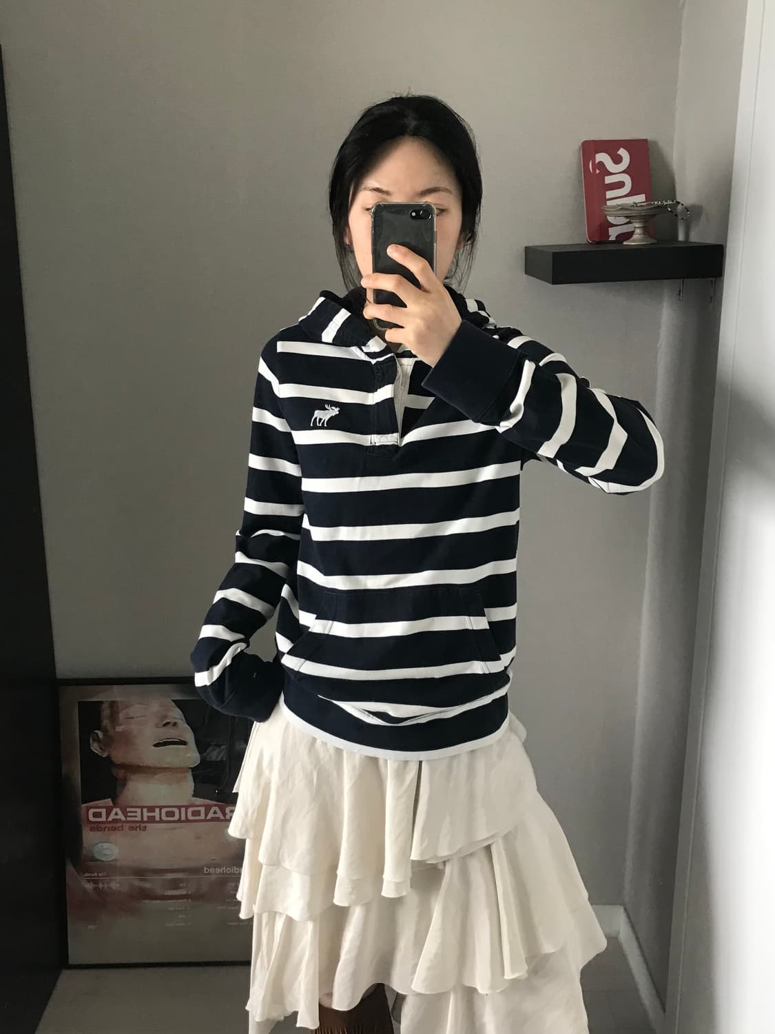 아베크롬비 산양 로고 스트라이프 반집업 버튼 후드 슬리브티 상품이미지3