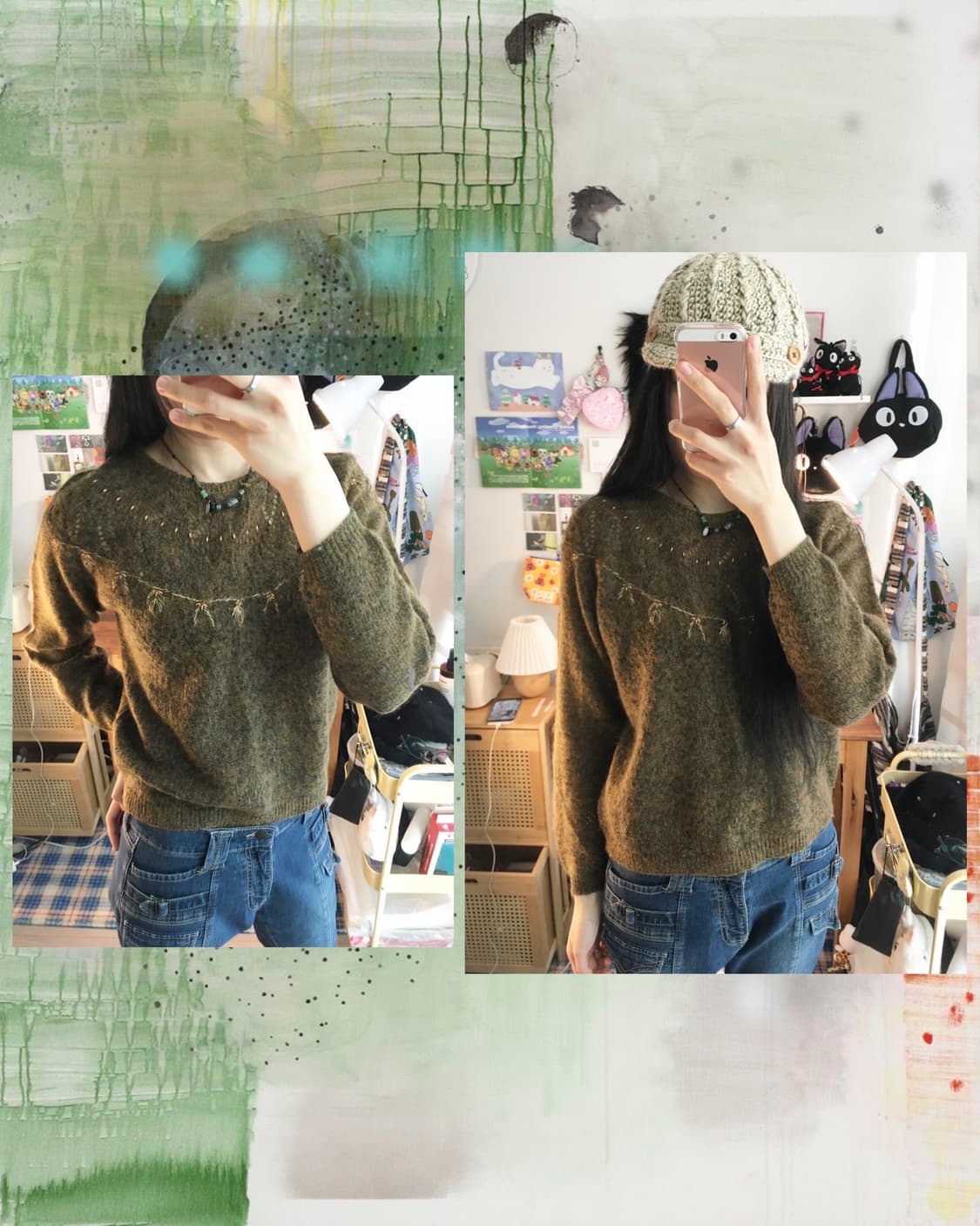 vintage antique pattren round knit olive 상품이미지1
