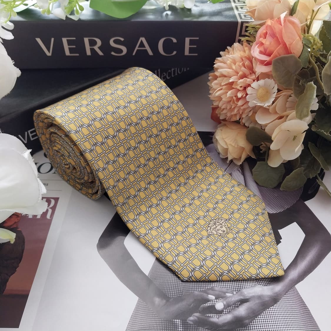 베르사체 실크 머스타드 패턴 넥타이 8.5cm A+등급 K1968 상품이미지3