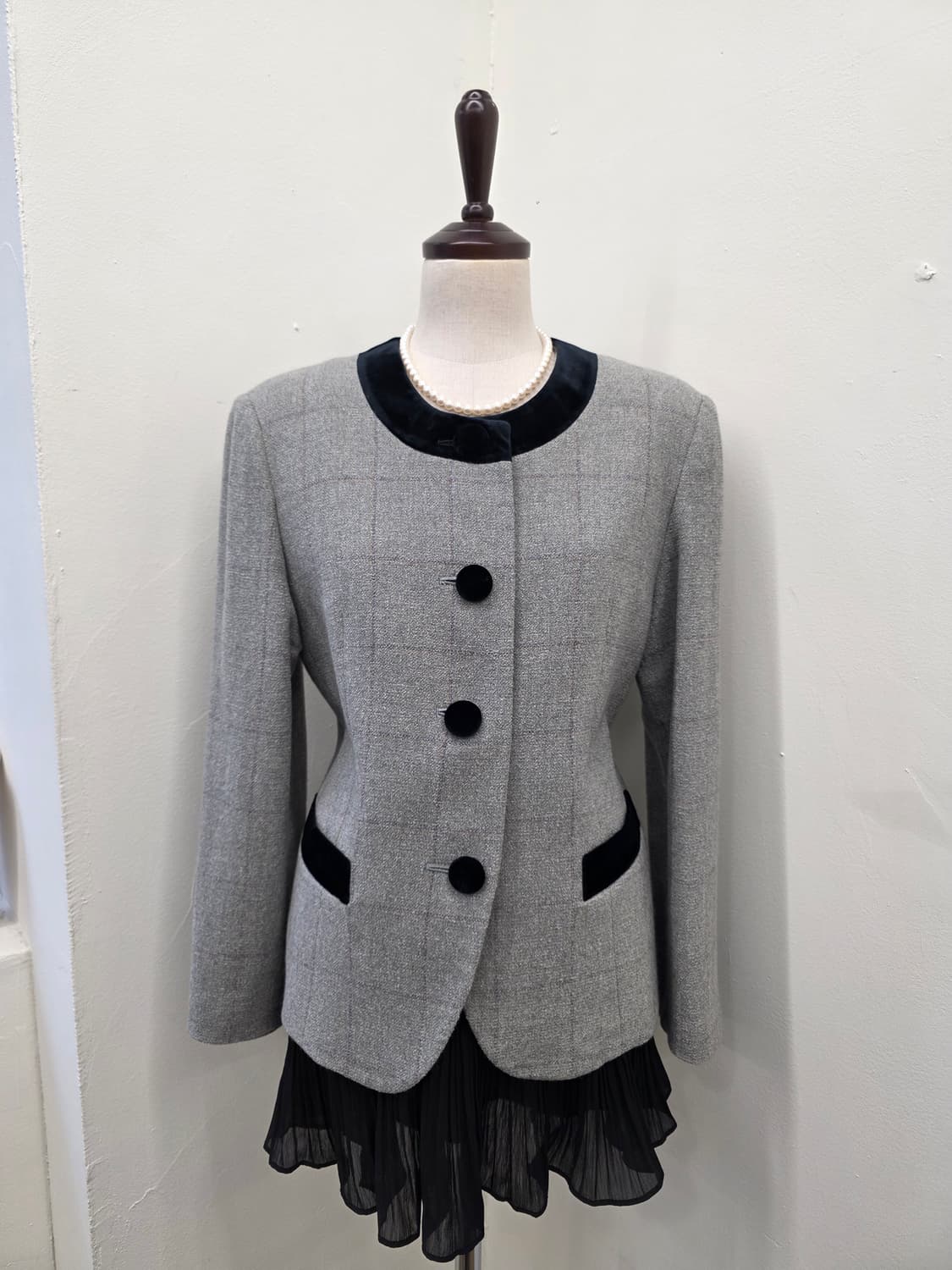 체크 벨벳 배색 여성 자켓 상품이미지2