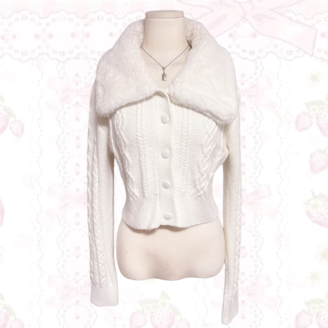 생화이트 퍼 카라 포인트 꽈배기 폭닥 니트 크롭 가디건  상품이미지1