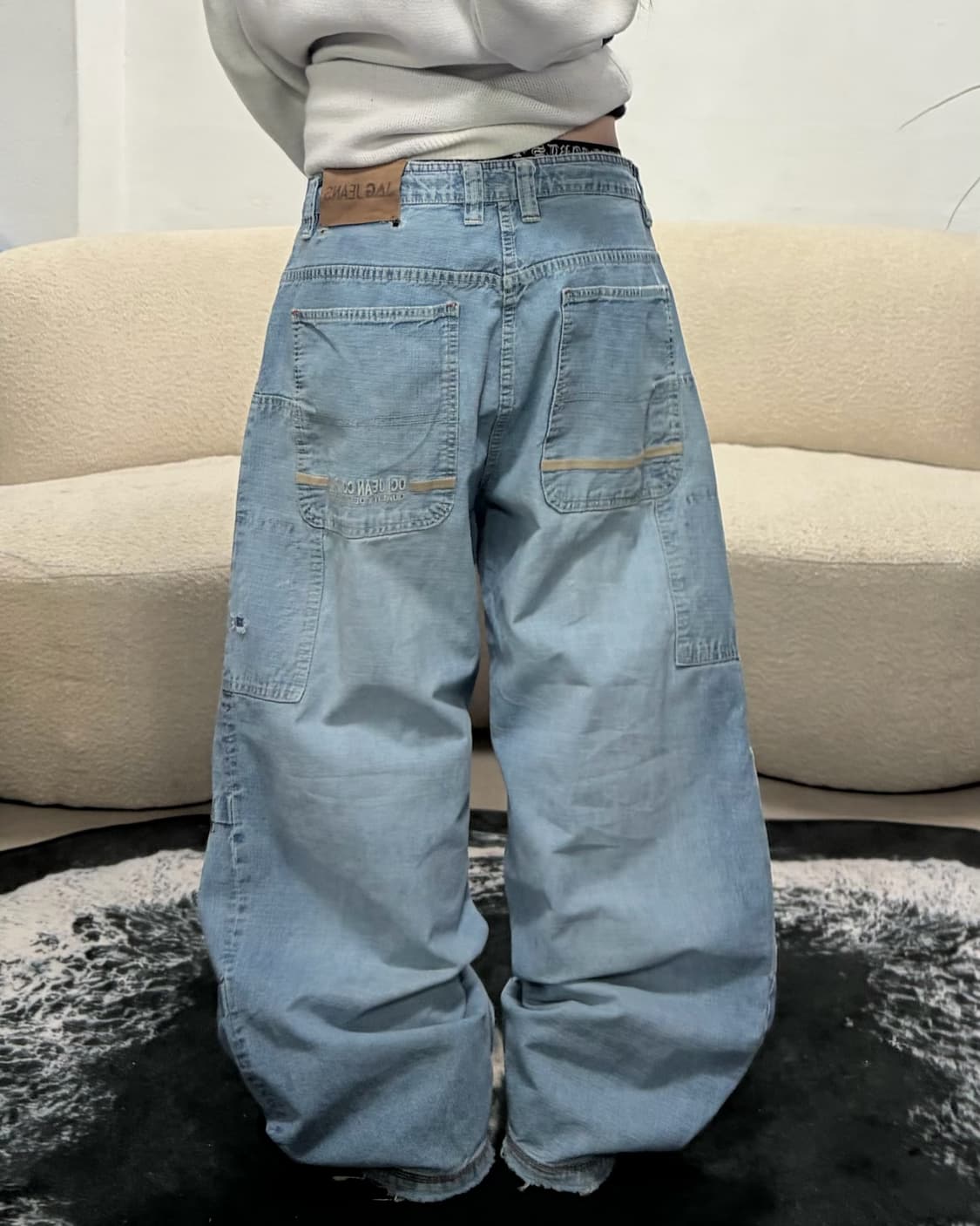 90s 올드스쿨 빈티지 핀턱 더블니 데님카고와이드팬츠 상품이미지2