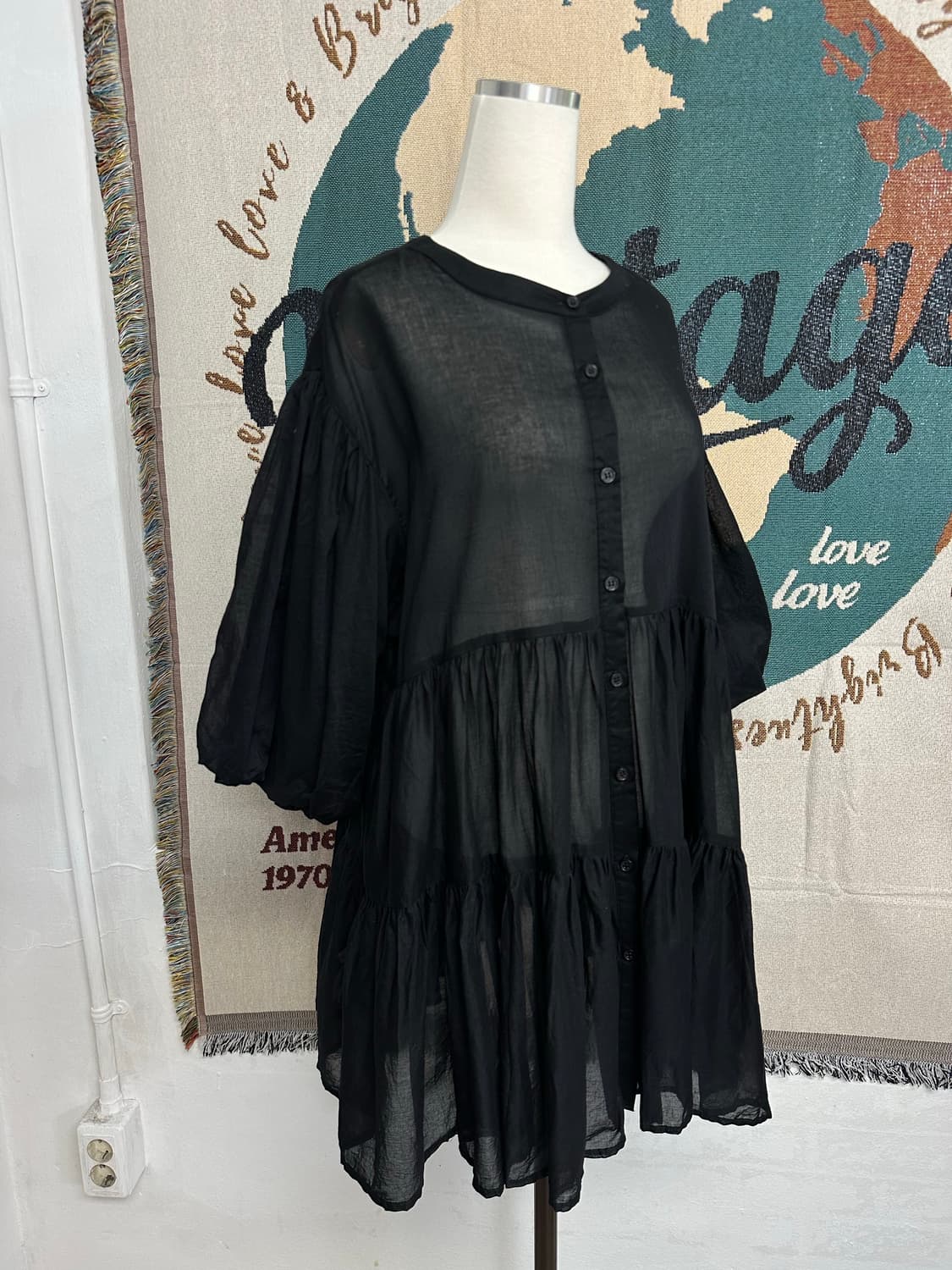 일본빈티지 아사면100% 블랙 티어드 소매 벌룬 퍼프 블라우스 상품이미지5