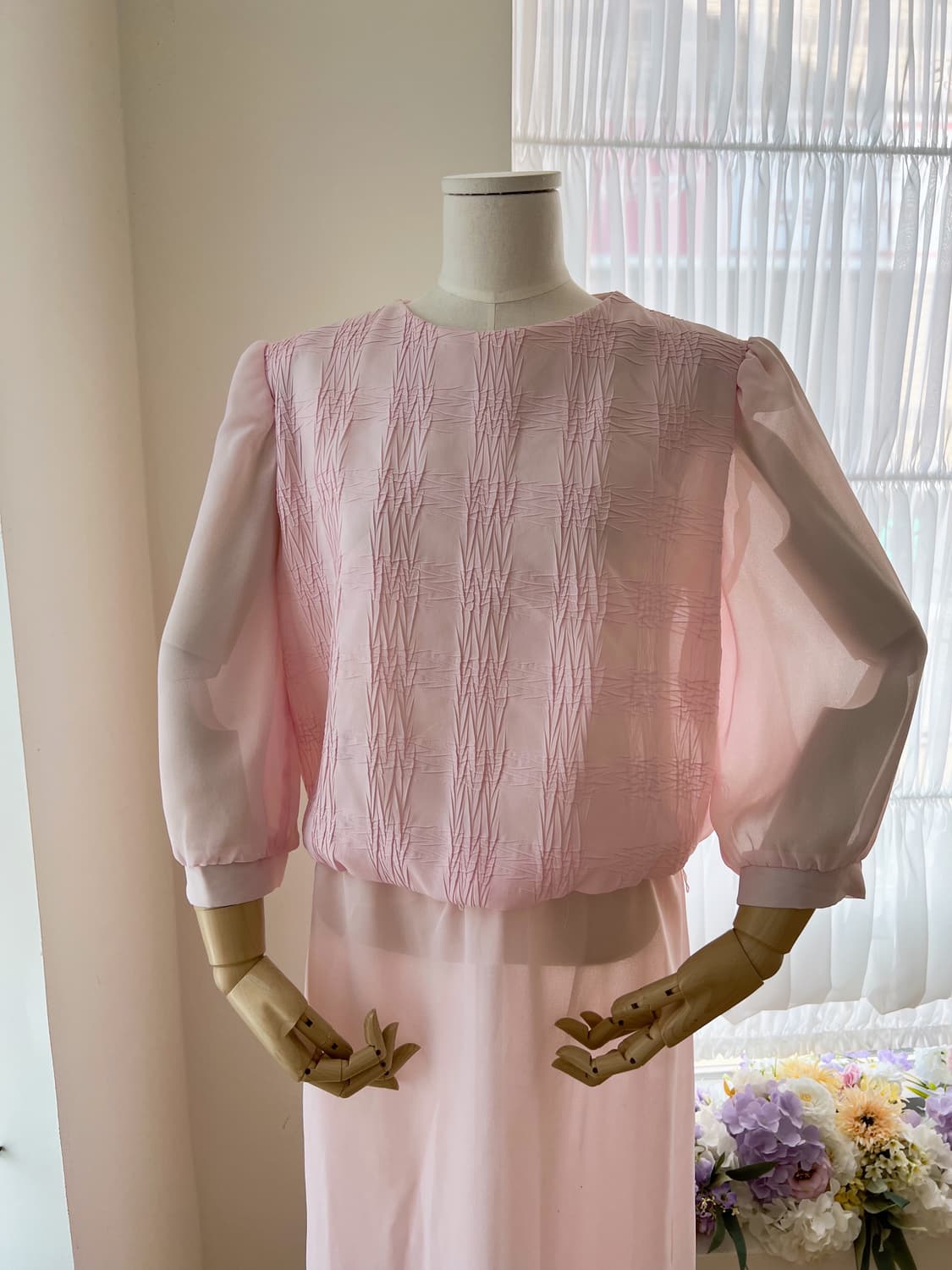 연핑크 셔링 시스루 폴리 원피스 상품이미지3