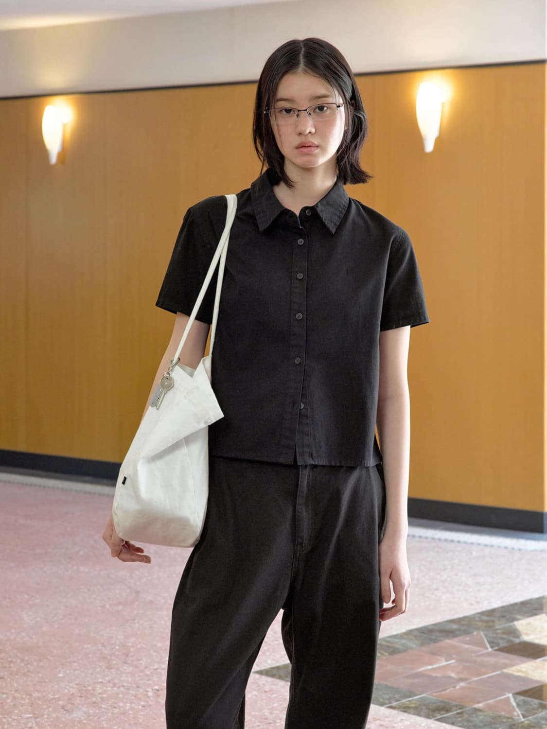Cotton Button 1/2 Sleeve Shirt Black 상품이미지1