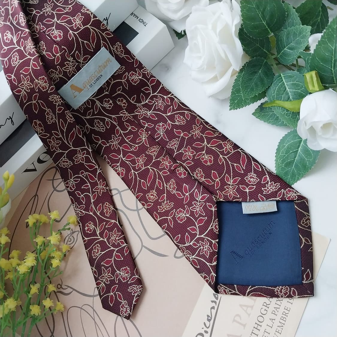 아쿠아스큐텀 실크 버건디 플라워 넥타이 9.7cm A+등급 K1191
 상품이미지5