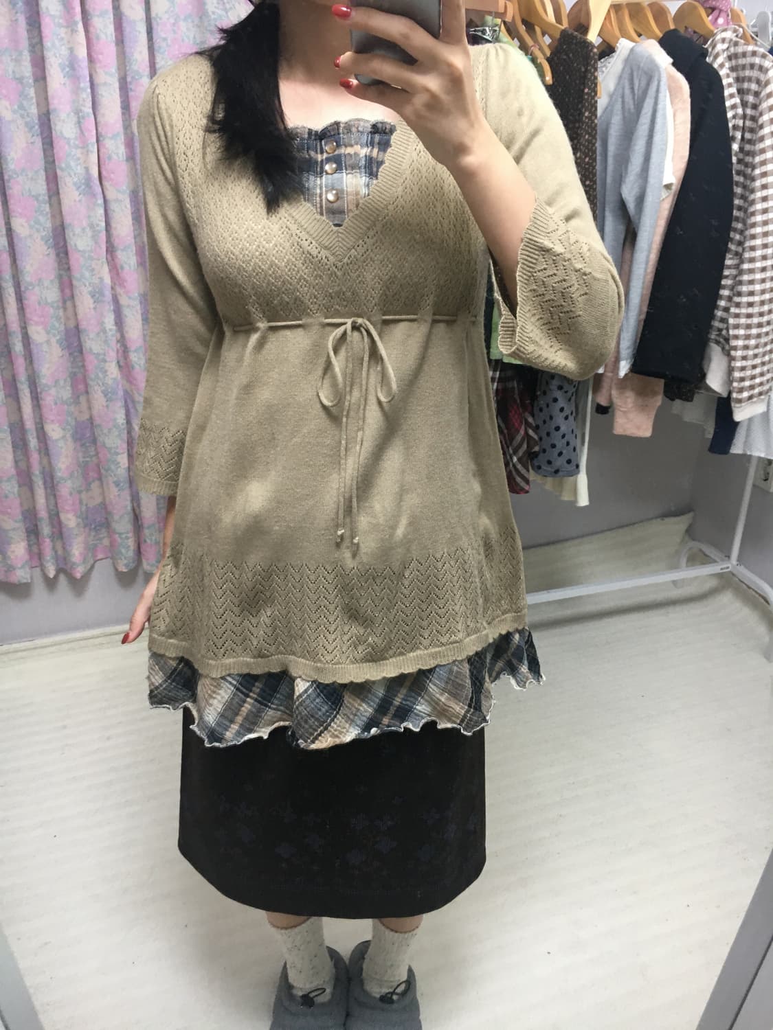 베이지 체크 레이어드 니트 상품이미지2