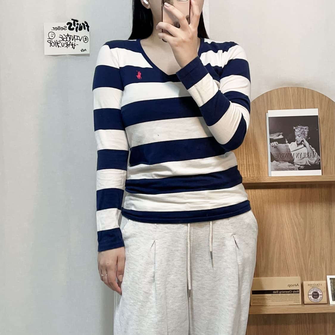 [정품] 폴로 네이비단가라 / 핑크포니 브이넥 긴팔티 [ M ] 상품이미지2