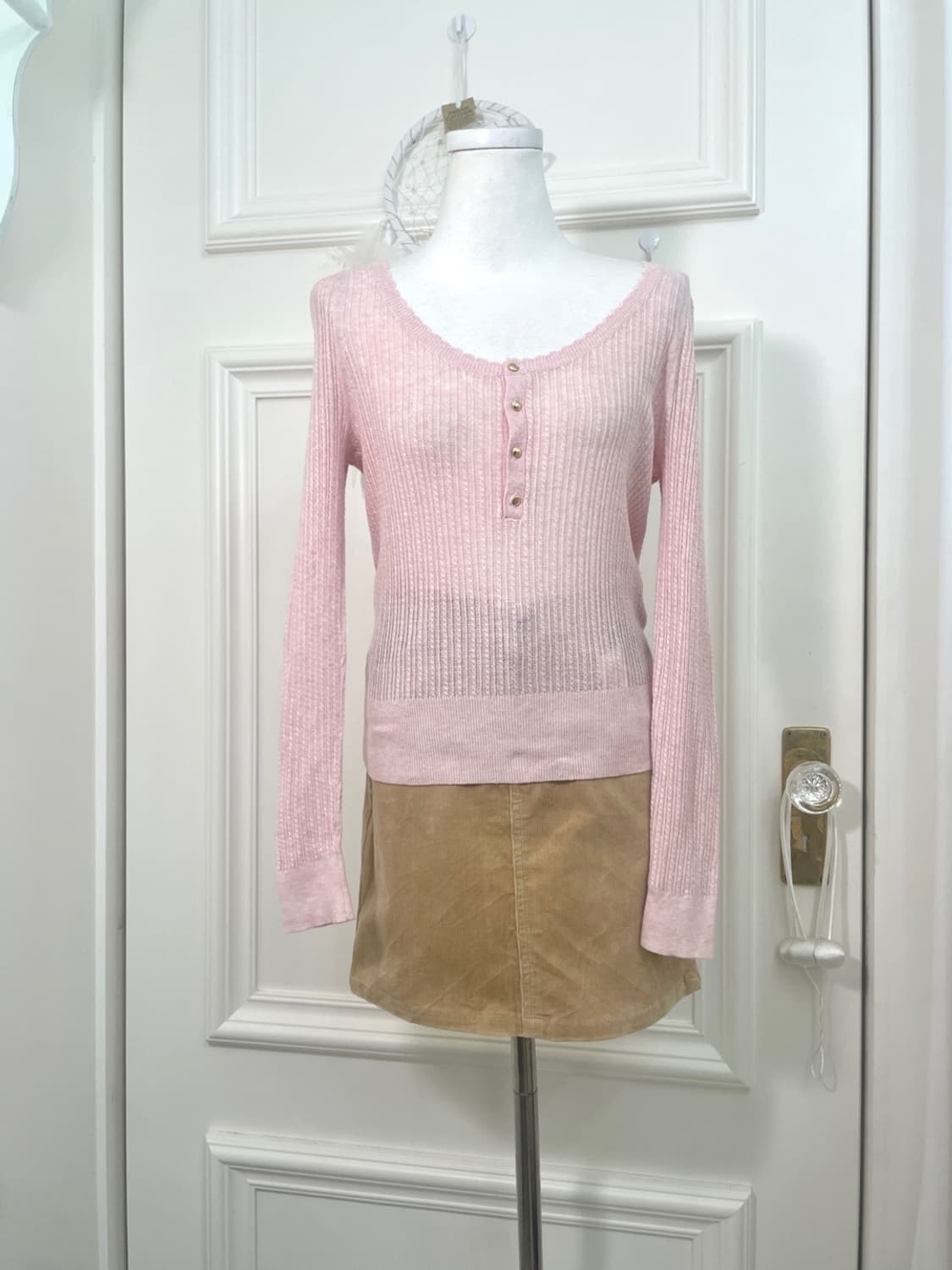 pink melange button point slim knit top 상품이미지1