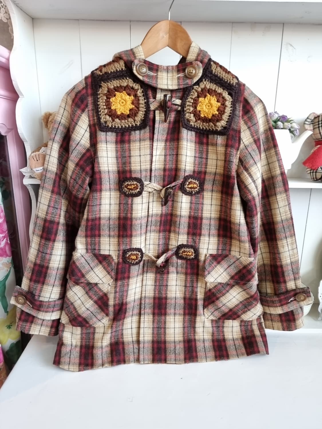 빈티지 체크 니트 디테일 더플 코트 상품이미지4