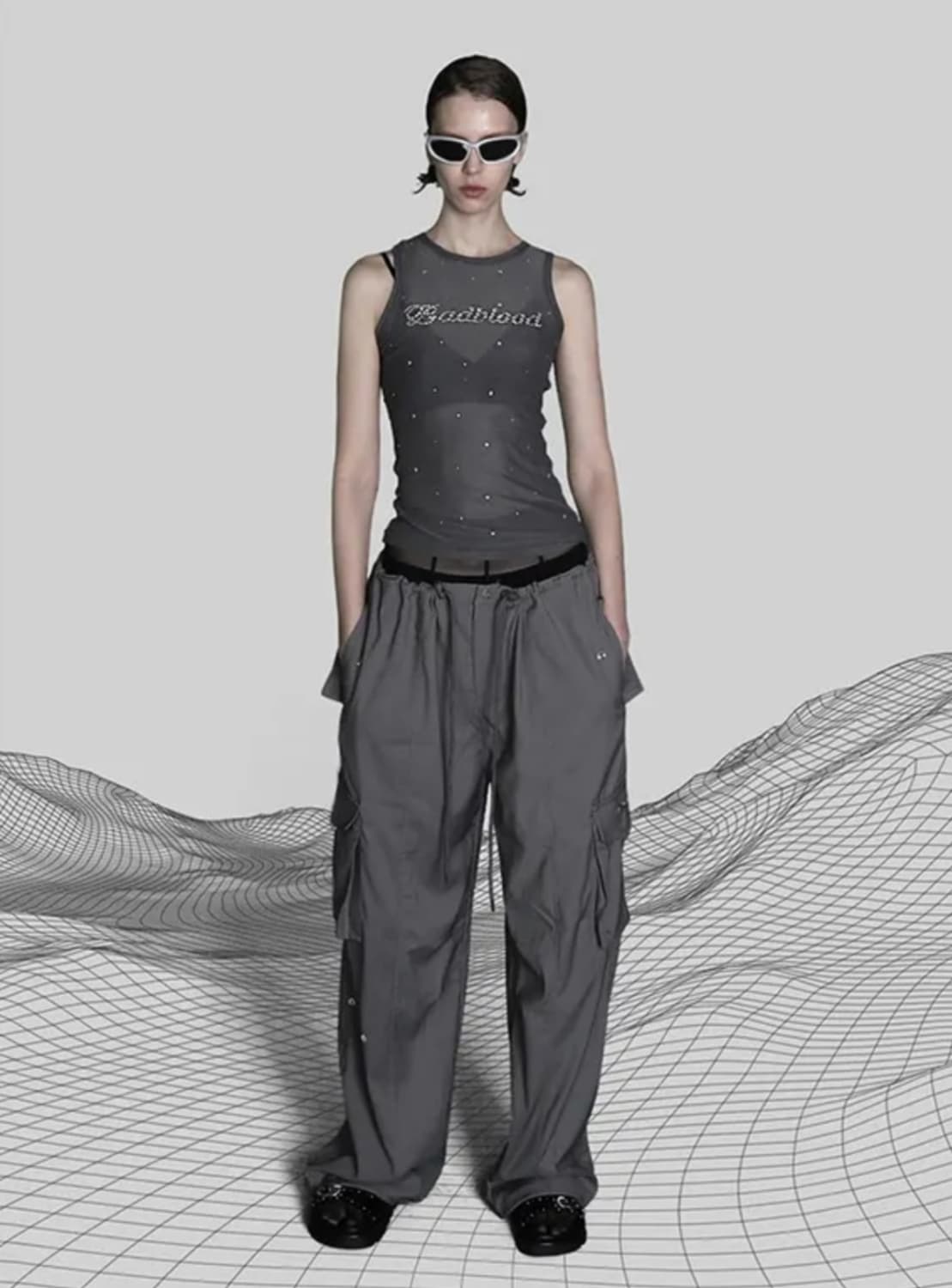 [xs] 배드블러드 미니멀 로고 울 개버딘 카고 팬츠 트라우져 상품이미지1