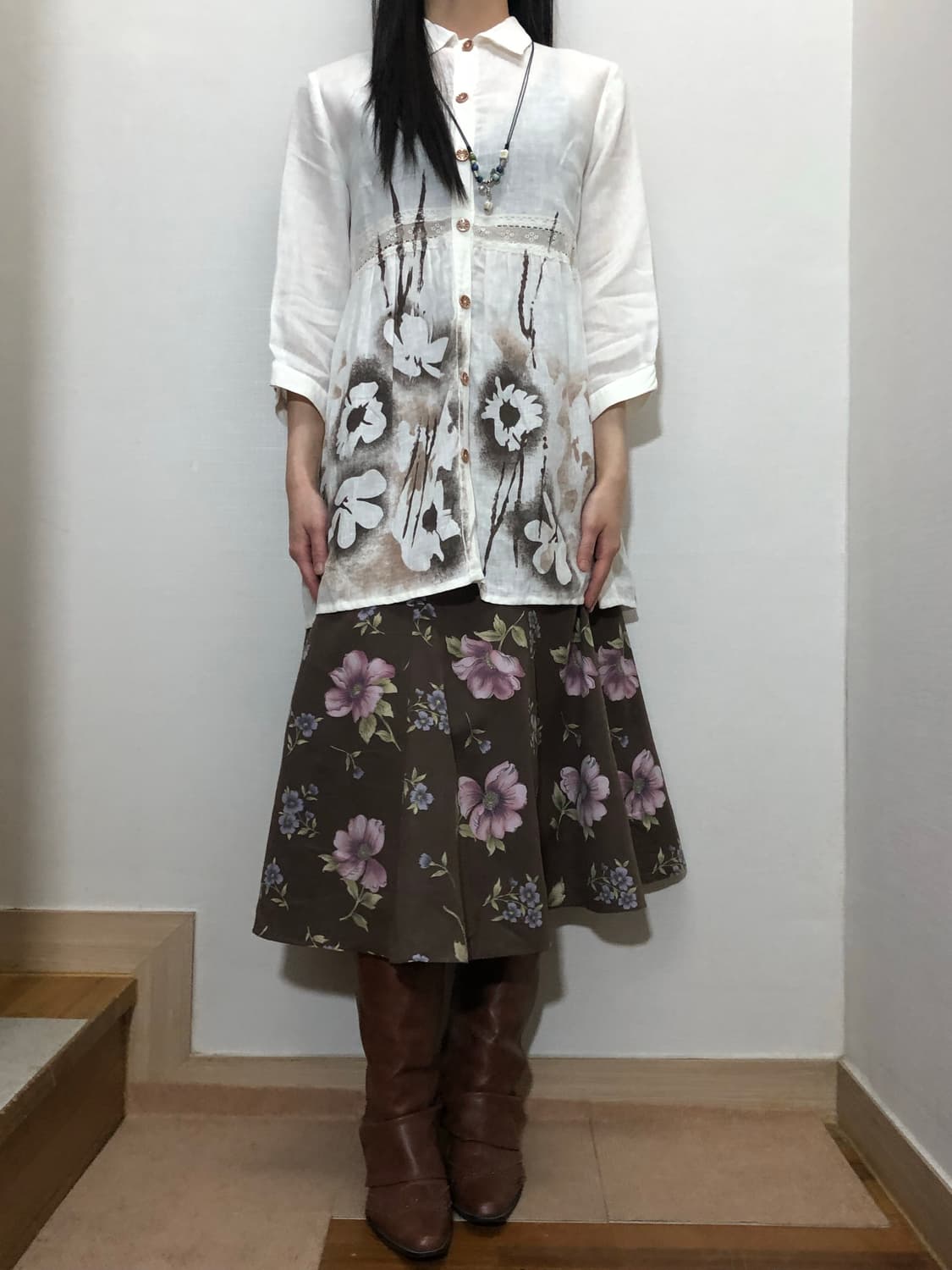 빈티지 브라운 플라워 미디 스커트 상품이미지5