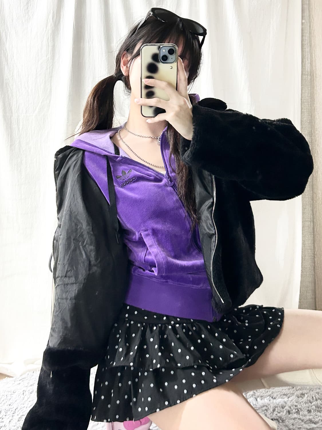 아디다스 자수로고 퍼플 삼선 벨벳 후드집업 상품이미지4