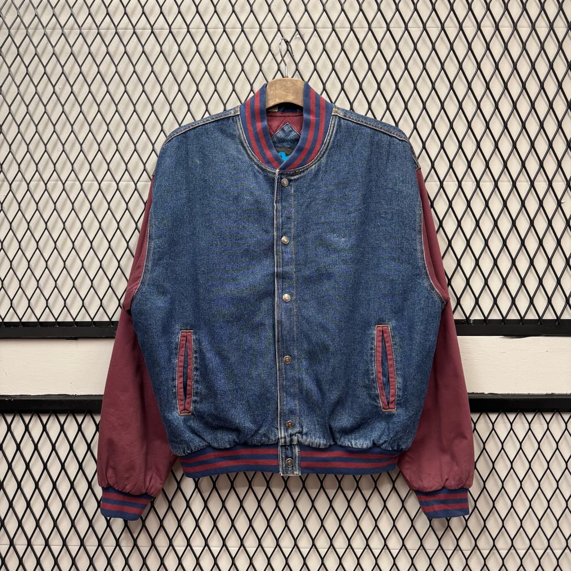 USA VTG 90s 빈티지 데님 바시티 버건디 배색 워크 자켓 상품이미지1