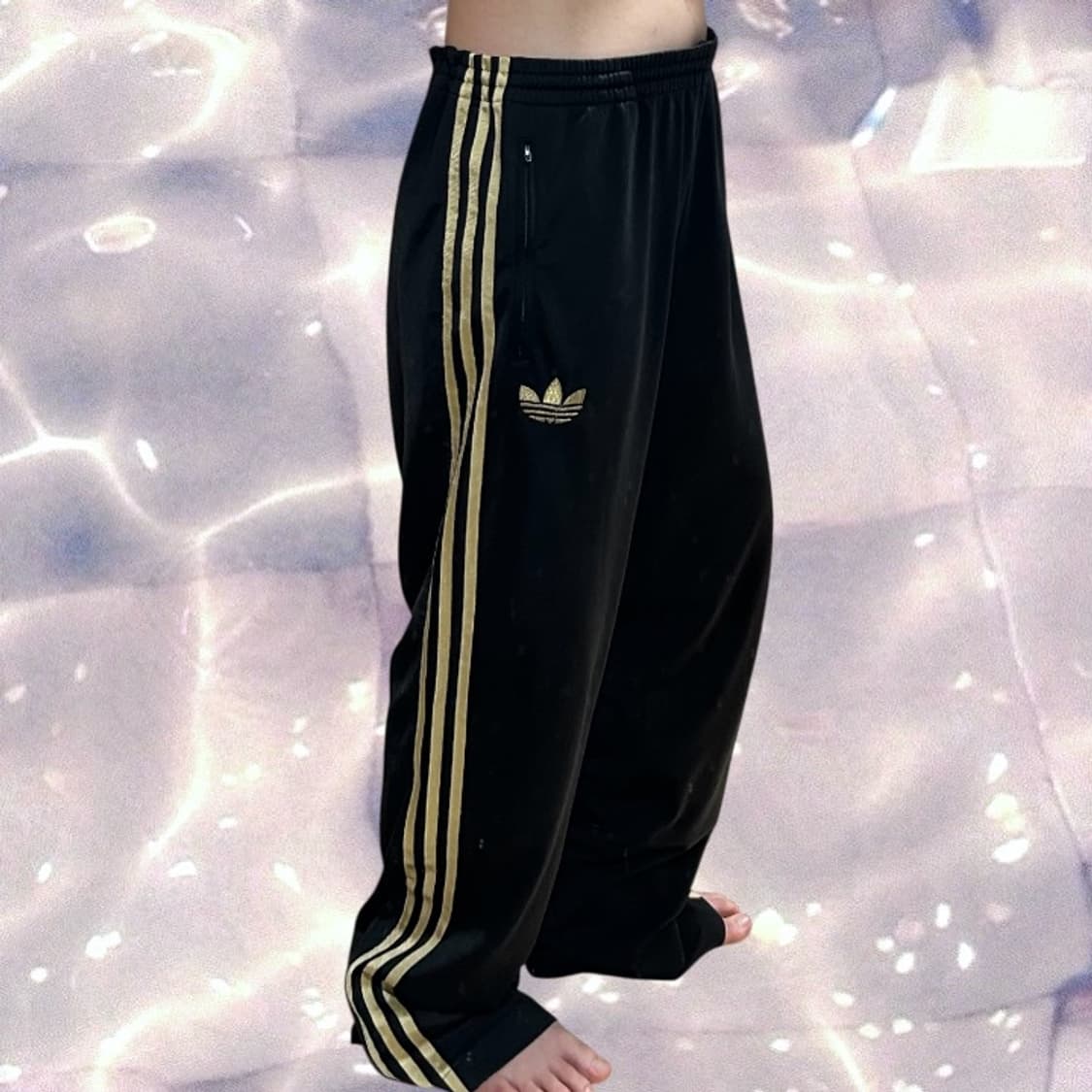 90s 아디다스 파이어버드 검골 블랙 골드 삼선 와이드 트랙 팬츠 115 상품이미지1