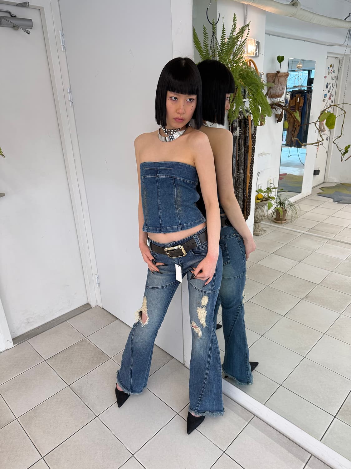 gold spray denim tube top 상품이미지2