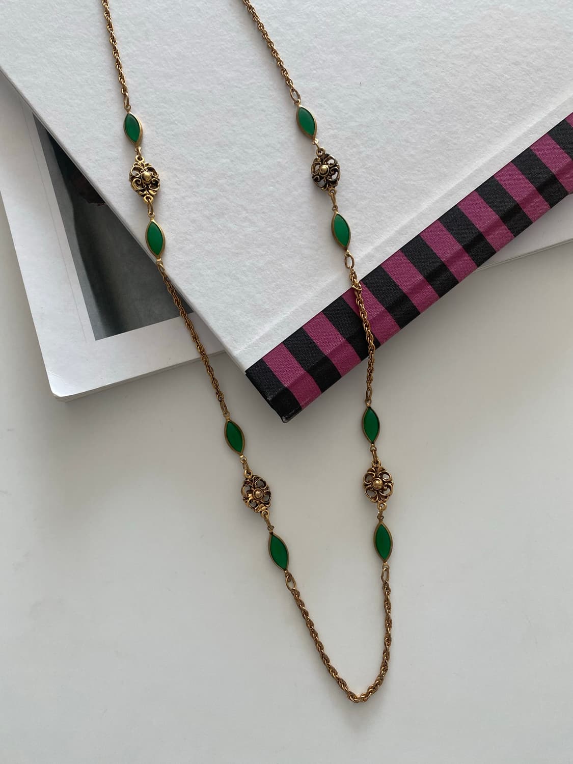 빈티지 그린 플라워 골드 롱 목걸이 상품이미지7