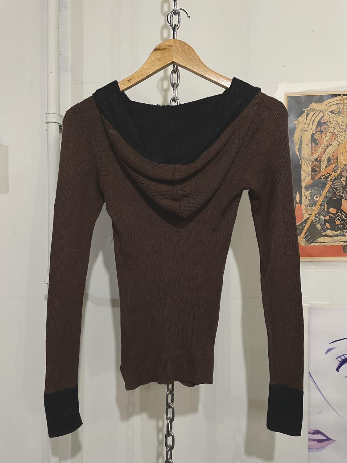 자개 단추 딥브라운 골지 후드 니트 상품이미지3