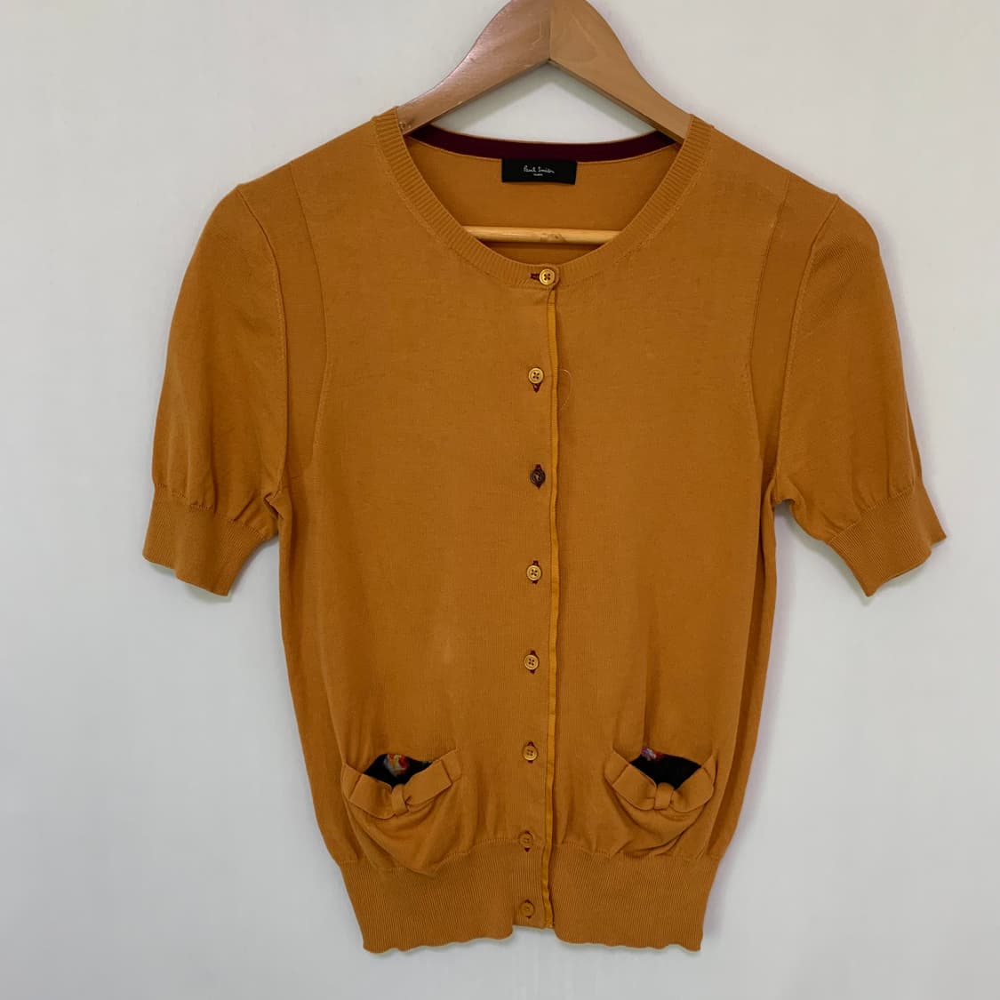 폴스미스 슬림 세미크롭 반팔 니트 가디건 오렌지브라운 빈티지 상품이미지3