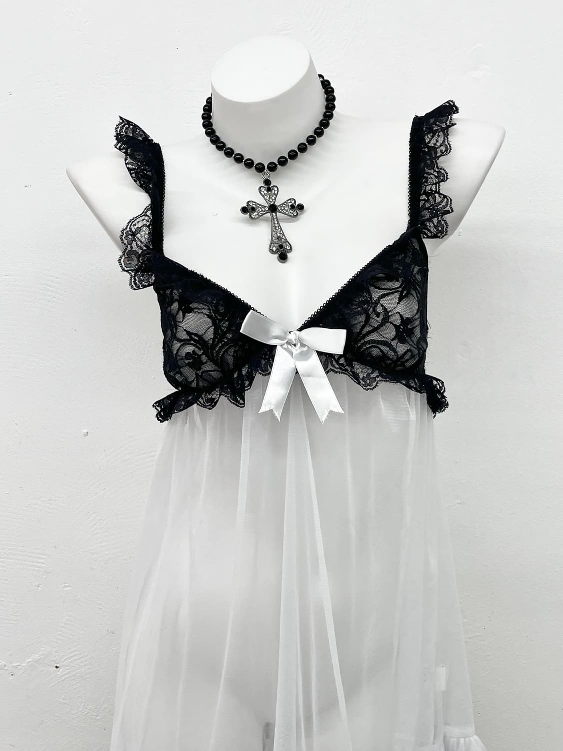 갸루 블랙 화이트 레이스 프릴 슬립 상품이미지2