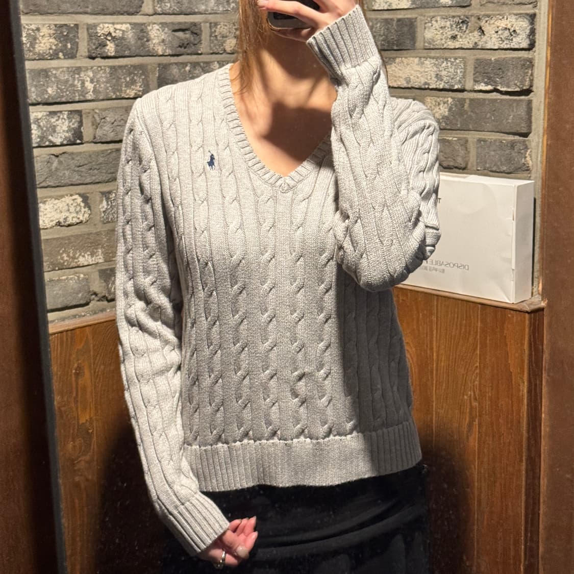 L) 폴로 랄프로렌 코튼 케이블 꽈배기 브이넥 니트 그레이 상품이미지8