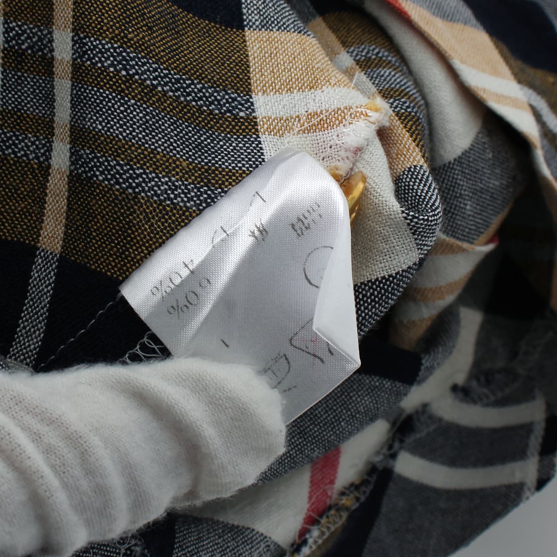 일본 빈티지 체크 인견 골드 버튼 라운드 넥 반팔 블라우스 상품이미지5