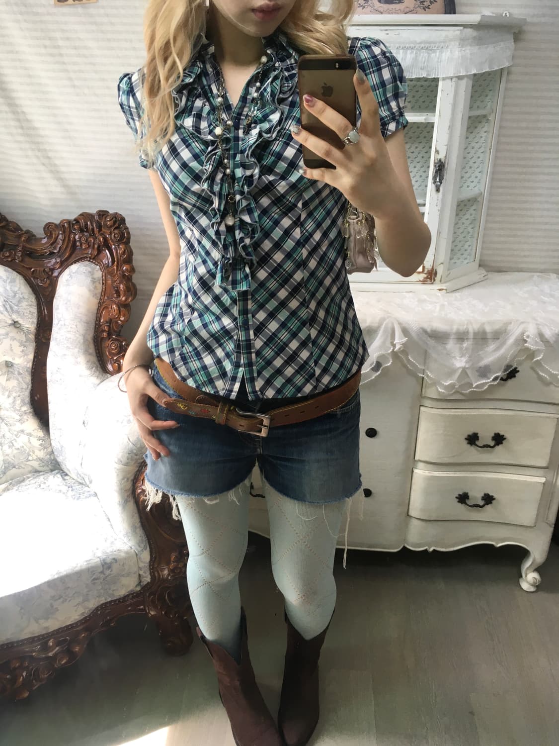 일본빈티지 핀터 민트 체크 러플 퍼프 블라우스 상품이미지5
