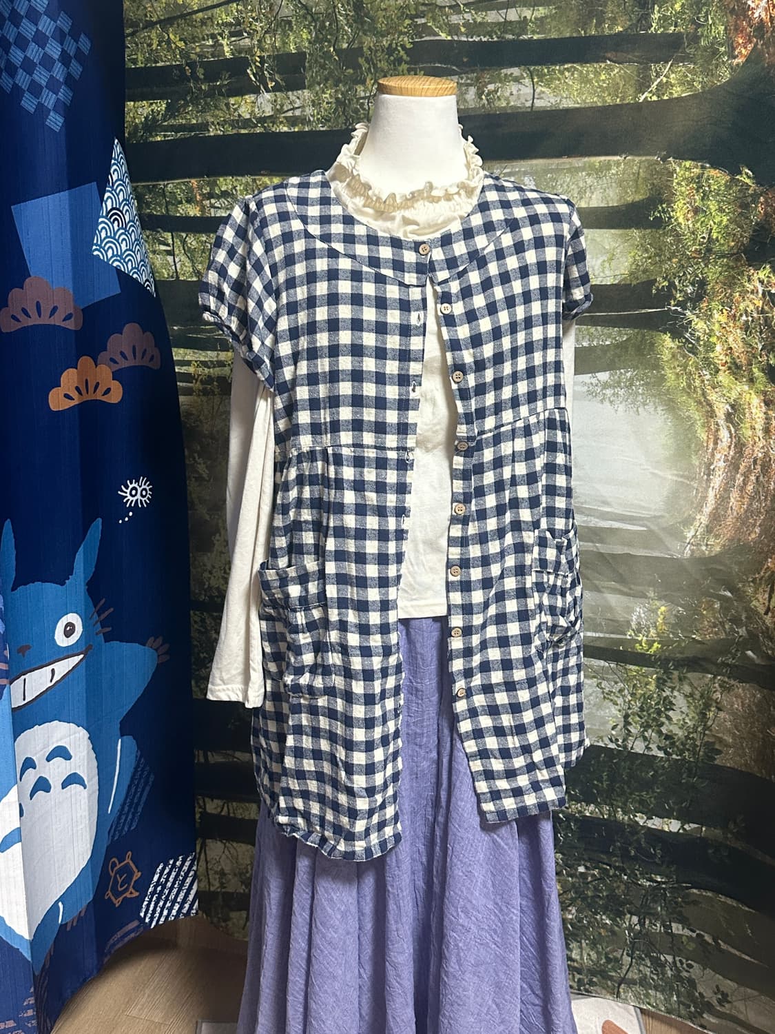 빈티지 네이비 바선생 퍼프 소매 우드 단추 튜닉 원피스 상품이미지2