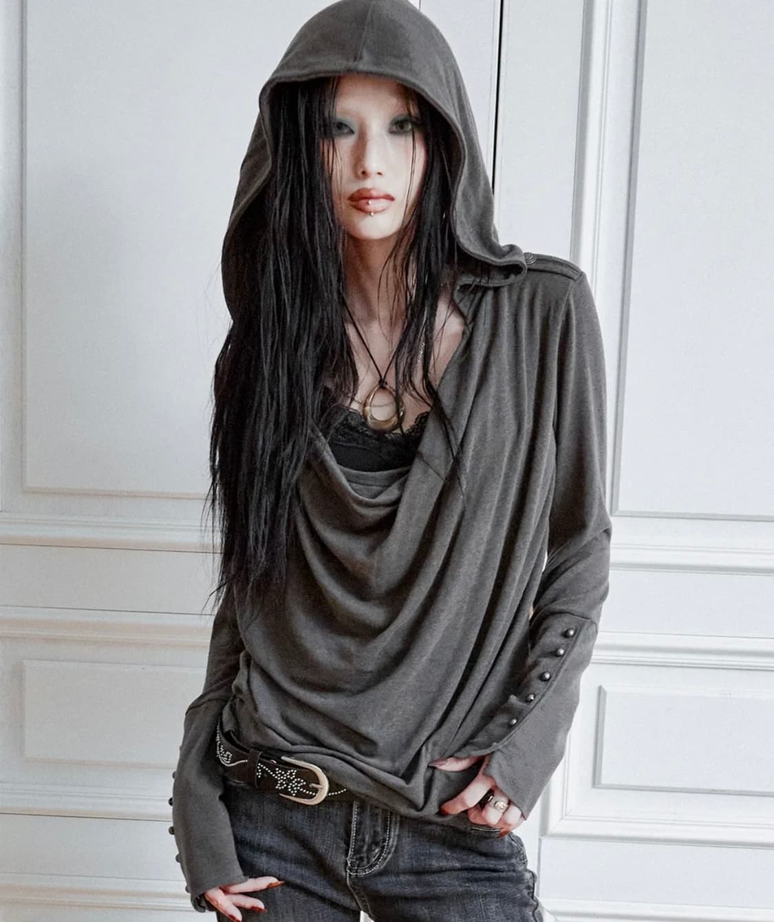 Mili Drape Cowl Hoodie (ASH KHAKI) 상품이미지1