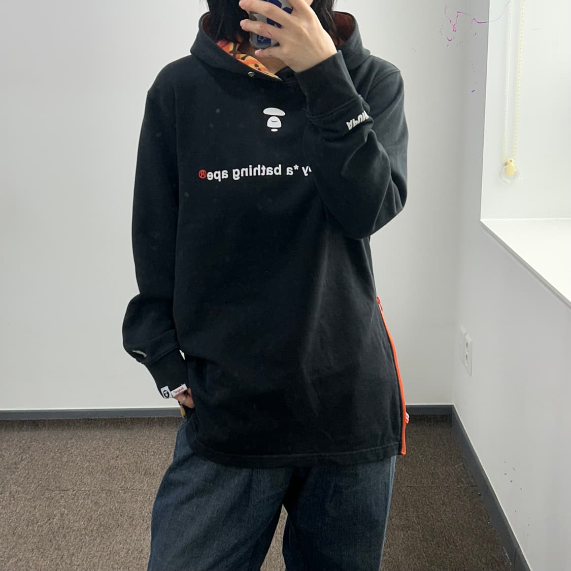 Aape 에이프 오렌지 카모 백포인트 블랙 후드티  상품이미지2