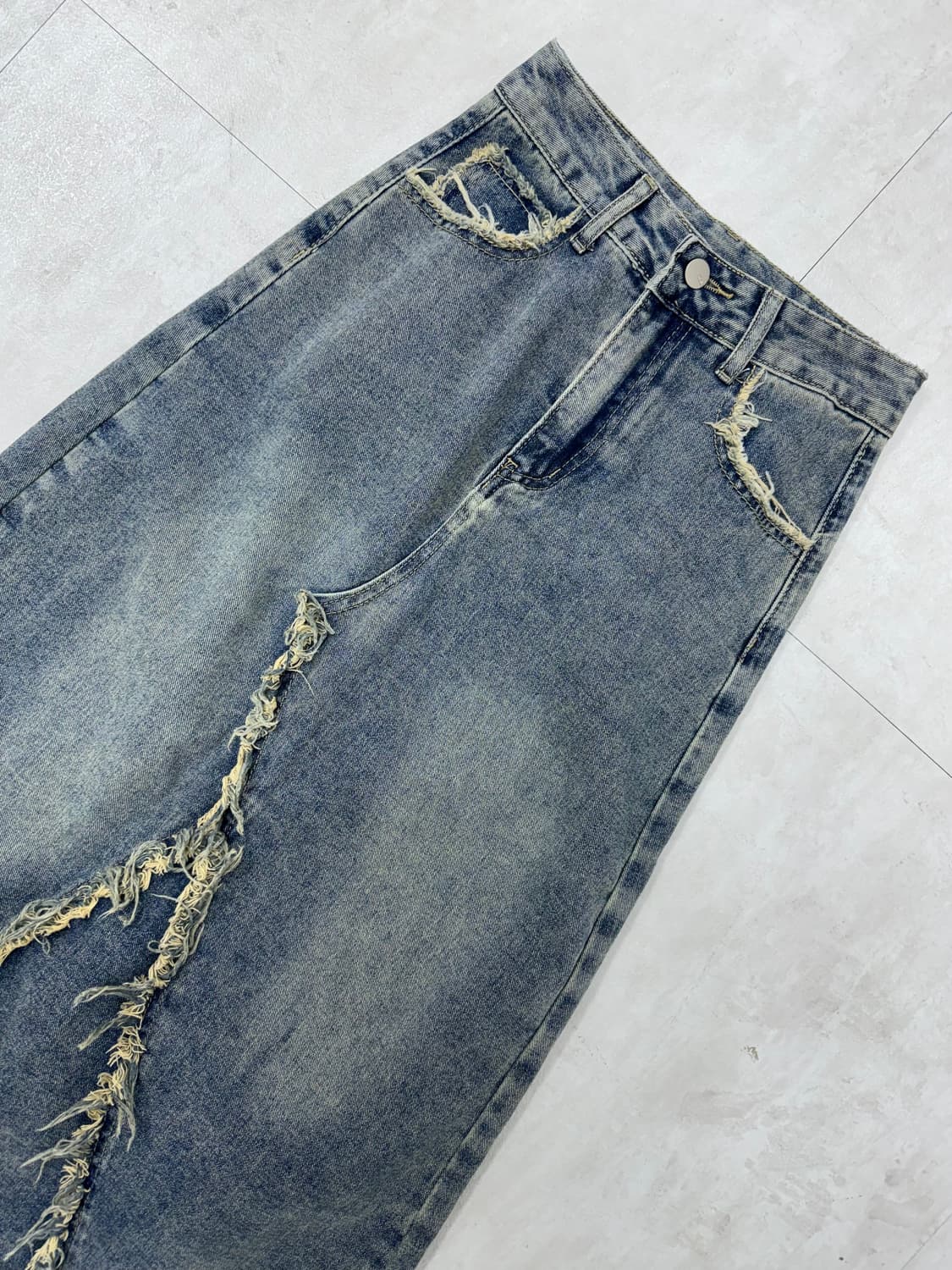 •Y2K 워싱 컷팅 데님 롱 스커트 상품이미지2