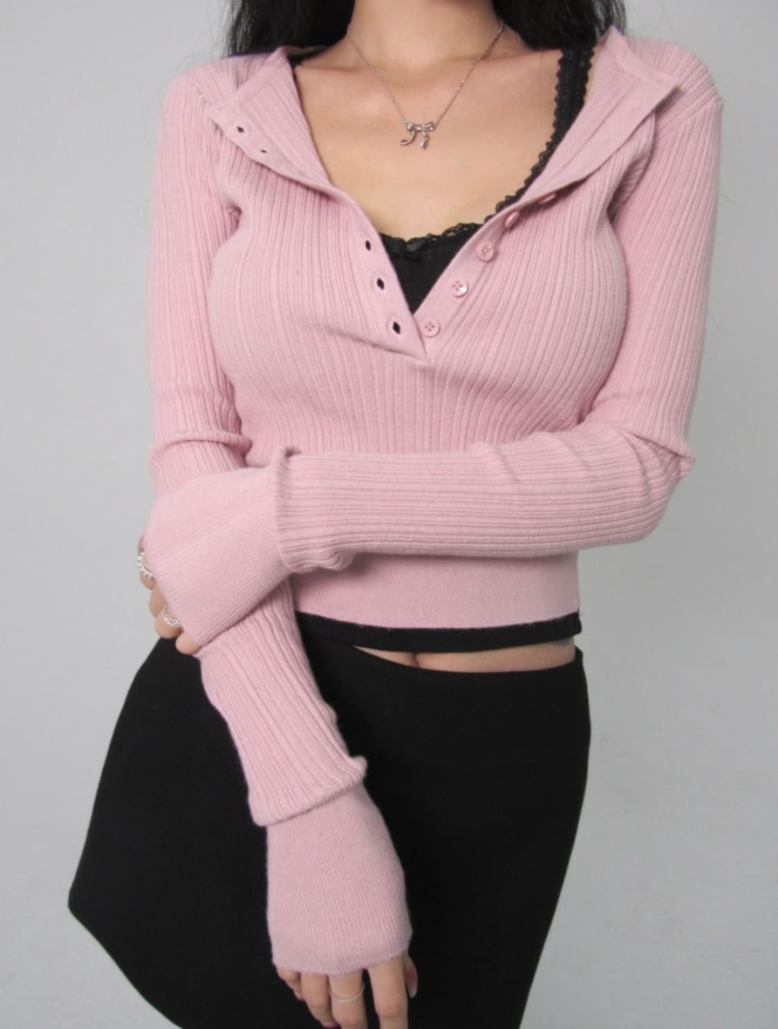 페일제이드 버튼 리브드 니트 탑 핑크 상품이미지1