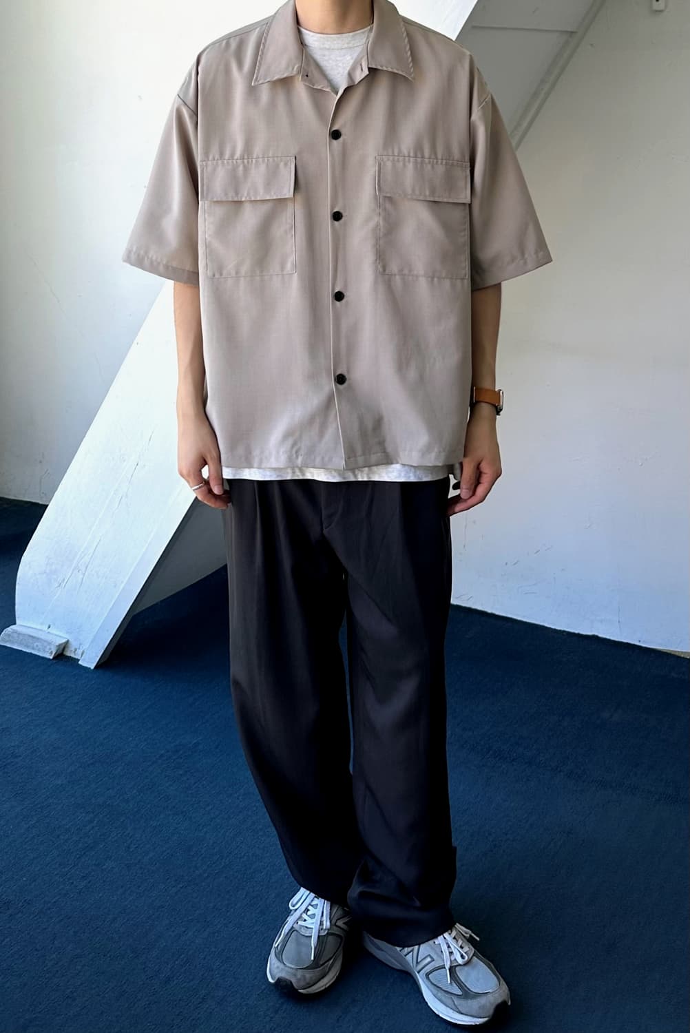 Linen touch light poly open collar shirt 상품이미지2