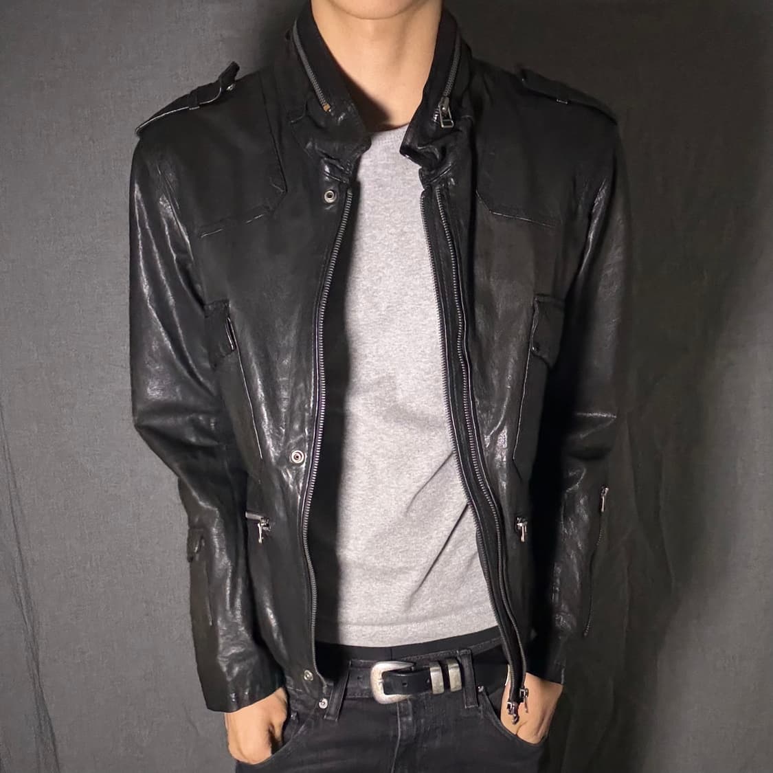 double zip-up lamb skin leather jacket 상품이미지4