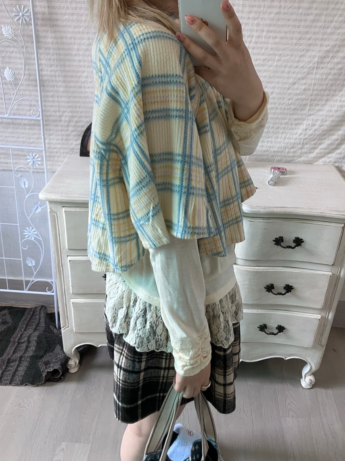 jpn vintage 아이보리 블루 체크 코듀로이 케이프 상품이미지5